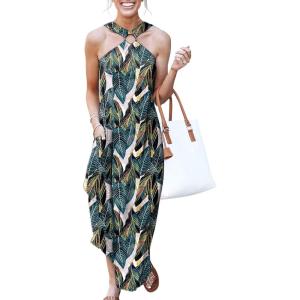 image:imageANRABESS Women Summer Halter Neck Sundress Sleeveless Split Side Casual Beach Travel Vacation Maxi Long Dress with PocketsLeaf