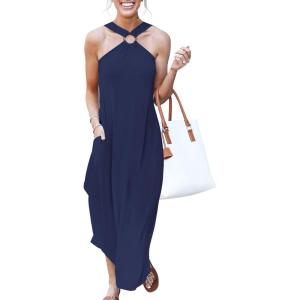 image:imageANRABESS Women Summer Halter Neck Sundress Sleeveless Split Side Casual Beach Travel Vacation Maxi Long Dress with PocketsNavy Blue