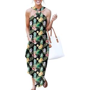 image:imageANRABESS Women Summer Halter Neck Sundress Sleeveless Split Side Casual Beach Travel Vacation Maxi Long Dress with PocketsPineapple