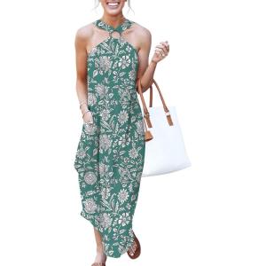 image:imageANRABESS Women Summer Halter Neck Sundress Sleeveless Split Side Casual Beach Travel Vacation Maxi Long Dress with PocketsPrint Green