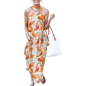image:imageANRABESS Women Summer Halter Neck Sundress Sleeveless Split Side Casual Beach Travel Vacation Maxi Long Dress with PocketsPrint Orange