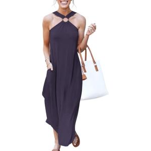 image:imageANRABESS Women Summer Halter Neck Sundress Sleeveless Split Side Casual Beach Travel Vacation Maxi Long Dress with PocketsPurple