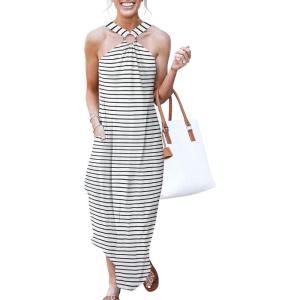 image:imageANRABESS Women Summer Halter Neck Sundress Sleeveless Split Side Casual Beach Travel Vacation Maxi Long Dress with PocketsStriped