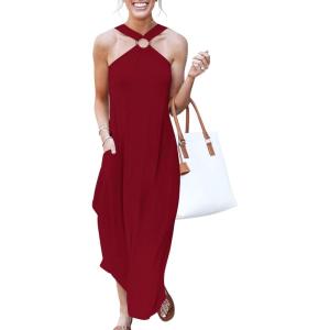 image:imageANRABESS Women Summer Halter Neck Sundress Sleeveless Split Side Casual Beach Travel Vacation Maxi Long Dress with PocketsWine Red
