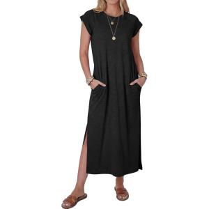 image:imageANRABESS Women Summer Maxi Dress 2026 Casual Loose Cap Sleeve Crewneck Split Beach Vacation Long Sundress with PocketsBlack