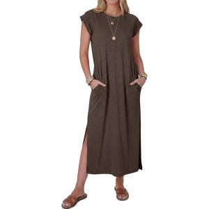 image:imageANRABESS Women Summer Maxi Dress 2026 Casual Loose Cap Sleeve Crewneck Split Beach Vacation Long Sundress with PocketsDark Coffee