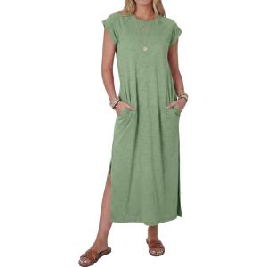 image:imageANRABESS Women Summer Maxi Dress 2026 Casual Loose Cap Sleeve Crewneck Split Beach Vacation Long Sundress with PocketsGreen