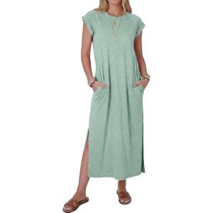 image:imageANRABESS Women Summer Maxi Dress 2026 Casual Loose Cap Sleeve Crewneck Split Beach Vacation Long Sundress with PocketsLight Green