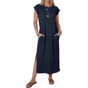 image:imageANRABESS Women Summer Maxi Dress 2026 Casual Loose Cap Sleeve Crewneck Split Beach Vacation Long Sundress with PocketsNavy Blue