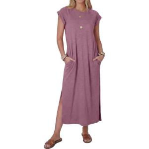 image:imageANRABESS Women Summer Maxi Dress 2026 Casual Loose Cap Sleeve Crewneck Split Beach Vacation Long Sundress with PocketsPurple