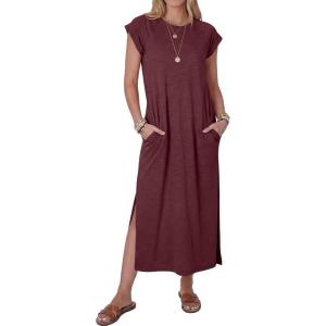 image:imageANRABESS Women Summer Maxi Dress 2026 Casual Loose Cap Sleeve Crewneck Split Beach Vacation Long Sundress with PocketsWine Red