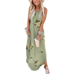 image:imageANRABESS Women Summer Maxi Dress Beach Vacation Sundress Sleeveless Casual Loose Shirt Dresses 2026 Travel OutfitsFloral Pea Green