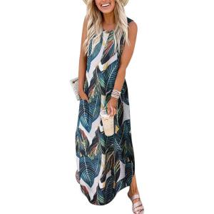 image:imageANRABESS Women Summer Maxi Dress Beach Vacation Sundress Sleeveless Casual Loose Shirt Dresses 2026 Travel OutfitsPrinted Leaves