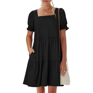 image:imageANRABESS Women Summer Square Neck Puff Short Sleeve Mini Dress 2026 Casual Flowy Sundress Beach Vacation Clothes with PocketsBlack