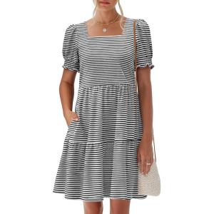 image:imageANRABESS Women Summer Square Neck Puff Short Sleeve Mini Dress 2026 Casual Flowy Sundress Beach Vacation Clothes with PocketsBlack White Striped