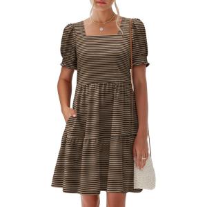 image:imageANRABESS Women Summer Square Neck Puff Short Sleeve Mini Dress 2026 Casual Flowy Sundress Beach Vacation Clothes with PocketsBrown Black Striped