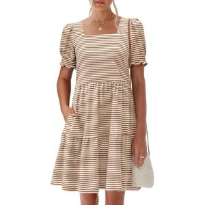 image:imageANRABESS Women Summer Square Neck Puff Short Sleeve Mini Dress 2026 Casual Flowy Sundress Beach Vacation Clothes with PocketsBrown White Striped