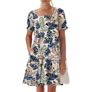 image:imageANRABESS Women Summer Square Neck Puff Short Sleeve Mini Dress 2026 Casual Flowy Sundress Beach Vacation Clothes with PocketsFloral Colorful Leaves