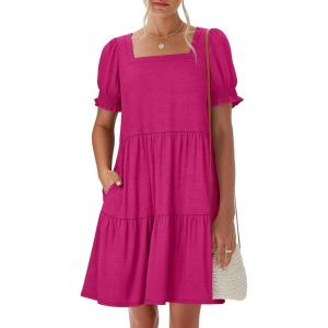 image:imageANRABESS Women Summer Square Neck Puff Short Sleeve Mini Dress 2026 Casual Flowy Sundress Beach Vacation Clothes with PocketsHot Pink