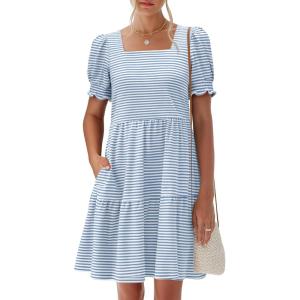 image:imageANRABESS Women Summer Square Neck Puff Short Sleeve Mini Dress 2026 Casual Flowy Sundress Beach Vacation Clothes with PocketsLight Blue White Striped