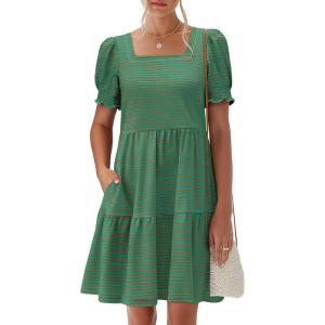 image:imageANRABESS Women Summer Square Neck Puff Short Sleeve Mini Dress 2026 Casual Flowy Sundress Beach Vacation Clothes with PocketsLight Green Orange Striped