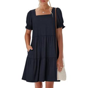 image:imageANRABESS Women Summer Square Neck Puff Short Sleeve Mini Dress 2026 Casual Flowy Sundress Beach Vacation Clothes with PocketsNavy Blue