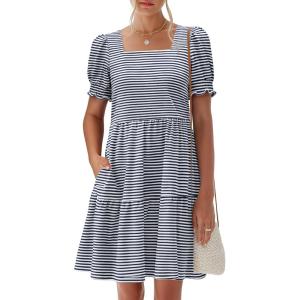image:imageANRABESS Women Summer Square Neck Puff Short Sleeve Mini Dress 2026 Casual Flowy Sundress Beach Vacation Clothes with PocketsNavy Blue White Striped