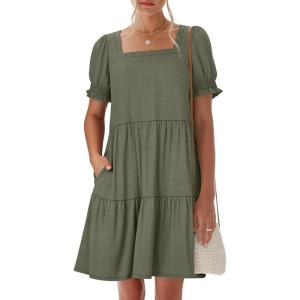 image:imageANRABESS Women Summer Square Neck Puff Short Sleeve Mini Dress 2026 Casual Flowy Sundress Beach Vacation Clothes with PocketsOlive
