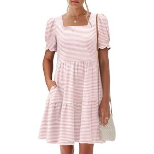 image:imageANRABESS Women Summer Square Neck Puff Short Sleeve Mini Dress 2026 Casual Flowy Sundress Beach Vacation Clothes with PocketsPink Striped