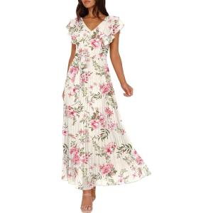 image:imageANRABESS Women V Neck Ruffle Sleeve Floral Pleated Maxi Dresses Summer Boho Belt Empire Waist Wedding Guest Party Flowy DressFloral Pink Rose