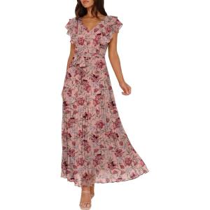 image:imageANRABESS Women V Neck Ruffle Sleeve Floral Pleated Maxi Dresses Summer Boho Belt Empire Waist Wedding Guest Party Flowy DressFloral Red Rose