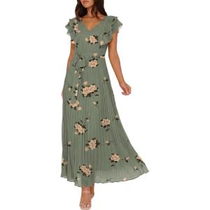 image:imageANRABESS Women V Neck Ruffle Sleeve Floral Pleated Maxi Dresses Summer Boho Belt Empire Waist Wedding Guest Party Flowy DressYellow Floral Green