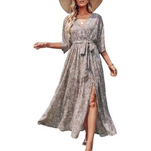 image:imageANRABESS Womens 12 Sleeve Beach Wedding Guest Maxi Dresses 2026 Summer Wrap V Neck Boho Floral Flowy Slit Long DressesConch