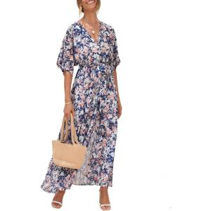 image:imageANRABESS Womens 12 Sleeve Beach Wedding Guest Maxi Dresses 2026 Summer Wrap V Neck Boho Floral Flowy Slit Long DressesFloral Blue White