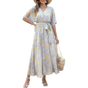 image:imageANRABESS Womens 12 Sleeve Beach Wedding Guest Maxi Dresses 2026 Summer Wrap V Neck Boho Floral Flowy Slit Long DressesFloral Blue Yellow