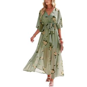 image:imageANRABESS Womens 12 Sleeve Beach Wedding Guest Maxi Dresses 2026 Summer Wrap V Neck Boho Floral Flowy Slit Long DressesFloral Green