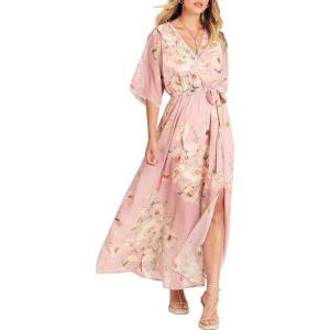 image:imageANRABESS Womens 12 Sleeve Beach Wedding Guest Maxi Dresses 2026 Summer Wrap V Neck Boho Floral Flowy Slit Long DressesFloral Pink