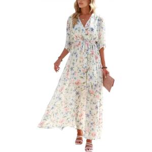image:imageANRABESS Womens 12 Sleeve Beach Wedding Guest Maxi Dresses 2026 Summer Wrap V Neck Boho Floral Flowy Slit Long DressesFloral Pink Blue