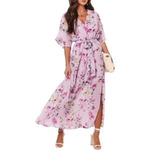 image:imageANRABESS Womens 12 Sleeve Beach Wedding Guest Maxi Dresses 2026 Summer Wrap V Neck Boho Floral Flowy Slit Long DressesFloral Purple