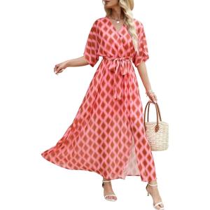 image:imageANRABESS Womens 12 Sleeve Beach Wedding Guest Maxi Dresses 2026 Summer Wrap V Neck Boho Floral Flowy Slit Long DressesFloral Red