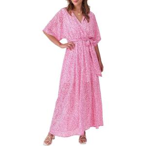 image:imageANRABESS Womens 12 Sleeve Beach Wedding Guest Maxi Dresses 2026 Summer Wrap V Neck Boho Floral Flowy Slit Long DressesFloral Red White
