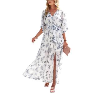 image:imageANRABESS Womens 12 Sleeve Beach Wedding Guest Maxi Dresses 2026 Summer Wrap V Neck Boho Floral Flowy Slit Long DressesFloral White Teal