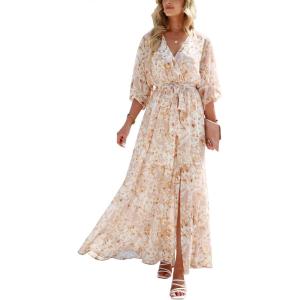 image:imageANRABESS Womens 12 Sleeve Beach Wedding Guest Maxi Dresses 2026 Summer Wrap V Neck Boho Floral Flowy Slit Long DressesFloral Yellow White