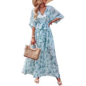 image:imageANRABESS Womens 12 Sleeve Beach Wedding Guest Maxi Dresses 2026 Summer Wrap V Neck Boho Floral Flowy Slit Long DressesGreen Leaf Print