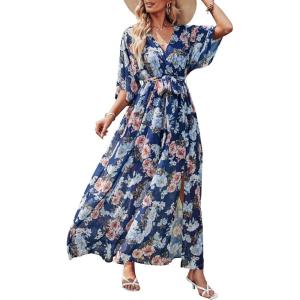 image:imageANRABESS Womens 12 Sleeve Beach Wedding Guest Maxi Dresses 2026 Summer Wrap V Neck Boho Floral Flowy Slit Long DressesNavy Flor