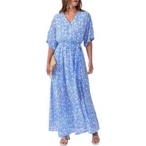 image:imageANRABESS Womens 12 Sleeve Beach Wedding Guest Maxi Dresses 2026 Summer Wrap V Neck Boho Floral Flowy Slit Long DressesWhite Flor Print