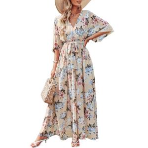image:imageANRABESS Womens 12 Sleeve Beach Wedding Guest Maxi Dresses 2026 Summer Wrap V Neck Boho Floral Flowy Slit Long DressesYellow Flor