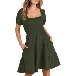 image:imageANRABESS Womens 2026 Summer Casual Dress Square Neck Puff Sleeve Boho Beach Vacation Short DressArmy Green