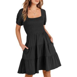 image:imageANRABESS Womens 2026 Summer Casual Dress Square Neck Puff Sleeve Boho Beach Vacation Short DressBlack