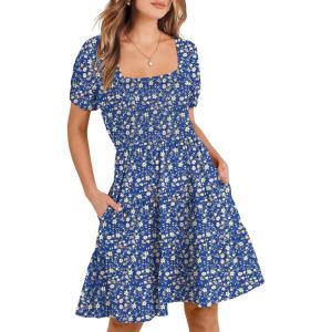 image:imageANRABESS Womens 2026 Summer Casual Dress Square Neck Puff Sleeve Boho Beach Vacation Short DressBlue Floral